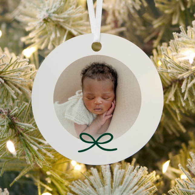 Baby's First Christmas Minimal Green Bow Photo  Metal Ornament (Insitu)