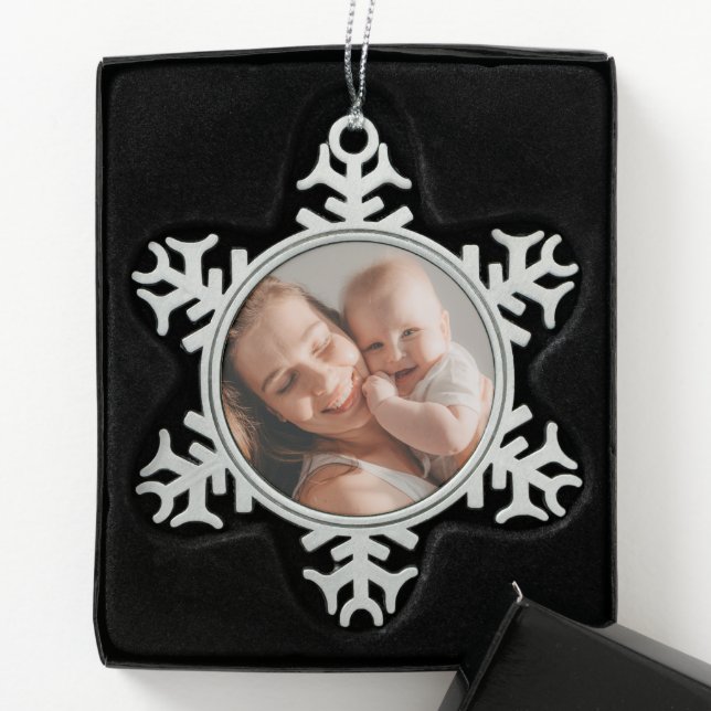Baby's First Christmas Minimal Red Photo  Snowflake Pewter Christmas Ornament (Box)