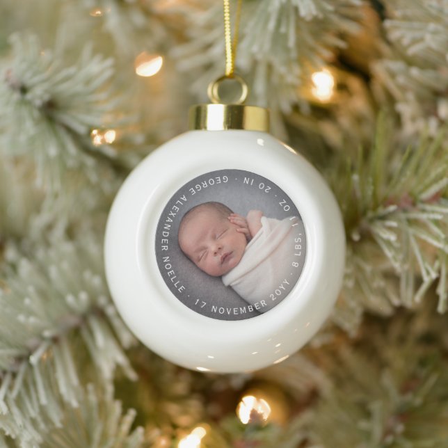 Baby's First Christmas Minimalist Circle Photo Ceramic Ball Christmas Ornament (Tree)