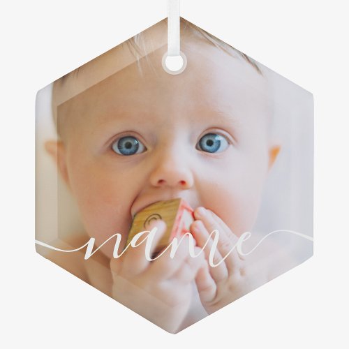 Babys First Christmas Minimalist Photo Glass Ornament