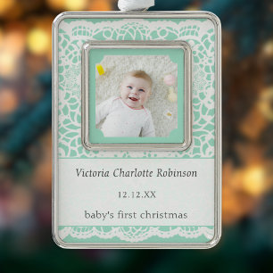 Baby's First Christmas Mint Green Lace Photo Ornament