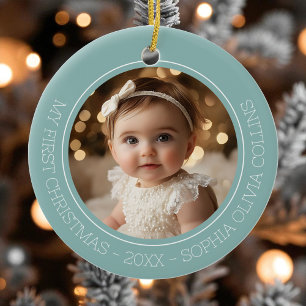 Baby's First Christmas Mint Modern 2 Photo Newborn Ceramic Ornament