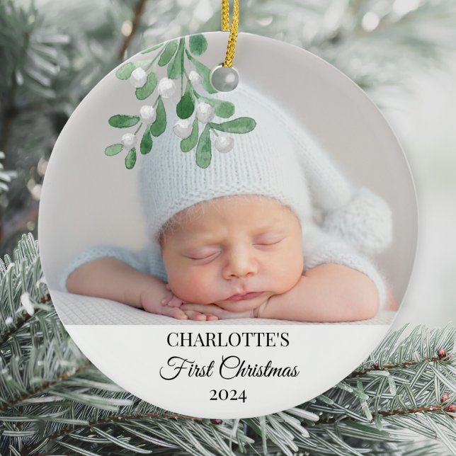 Baby's First Christmas Mistletoe Photo Ceramic Ornament (Creator Uploaded)
