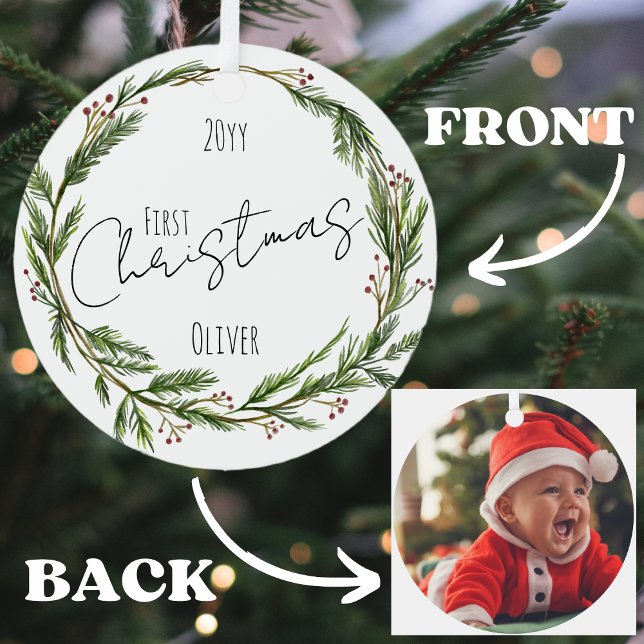 Baby's First Christmas Mistletoe Wreath and Photo Metal Ornament (Creator Uploaded)
