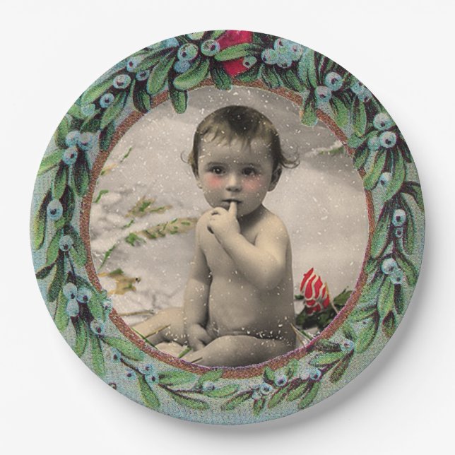 BABY'S FIRST CHRISTMAS MISTLETOES  PHOTO TEMPLATE PAPER PLATES (Front)