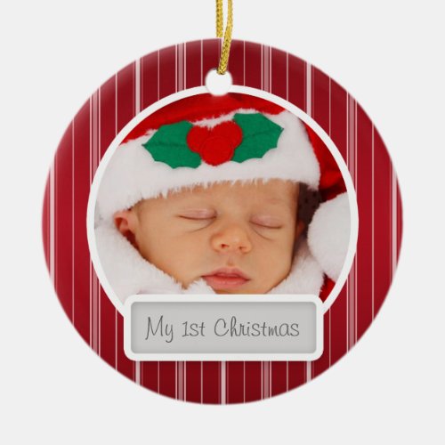 Babys First Christmas Mod Stripes Pattern Red Ceramic Ornament