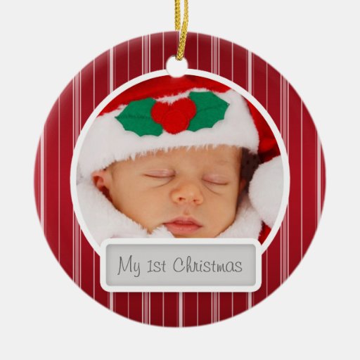 Baby's First Christmas Mod Stripes Pattern Red Ornaments | Zazzle