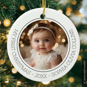 Baby's First Christmas Modern 2 Photo Newborn Name Ceramic Ornament