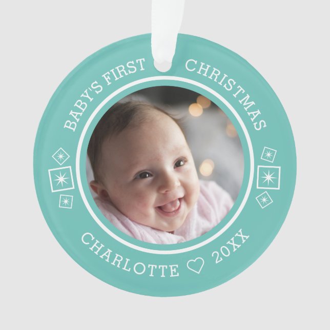 Baby's First Christmas Modern 2 Photo Teal Ornament (Front)