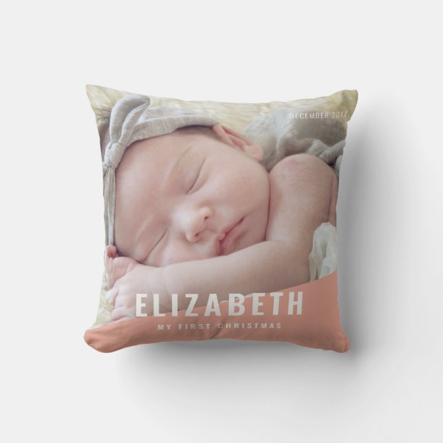 Baby's First Christmas Modern Chic Photo Year Throw Pillow (Front)
