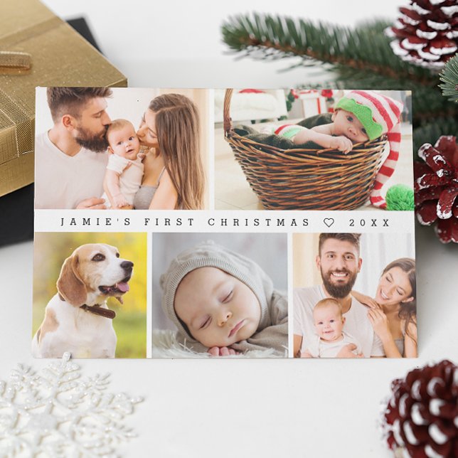 Baby's First Christmas Modern Custom Photo Happy Holiday Card (Modern Simple Family photo collage baby's first Christmas holiday card.)
