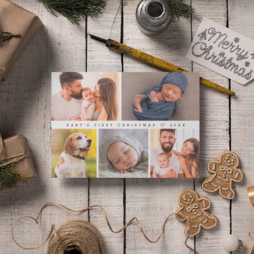 Babys First Christmas Modern Photo Collage Happy Holiday Card