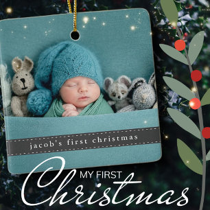 Baby's First Christmas Modern Ribbon Photo Ceramic Ornament