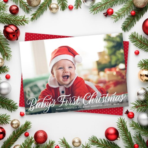Babys First Christmas Modern Script Photo Holiday Card