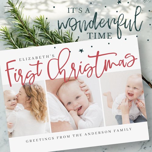 Babys First Christmas Modern Simple Chic Photo Holiday Postcard