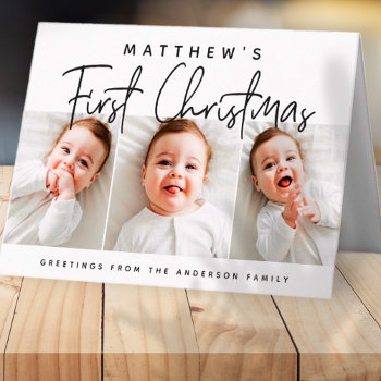Baby's First Christmas Modern Simple Three Photo Holiday Card by SelectPartySupplies at Zazzle