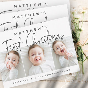 Baby's First Christmas Modern Simple Three Photo Holiday Card