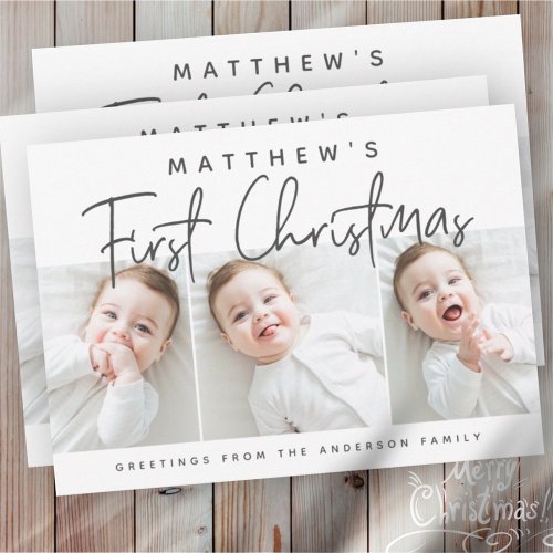 Babys First Christmas Modern Simple Three Photo Holiday Card