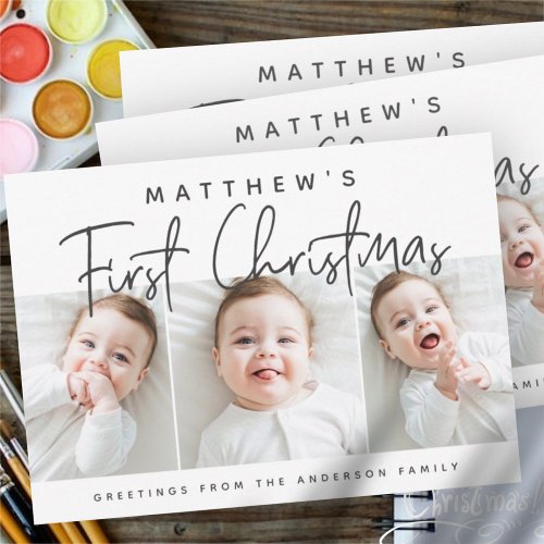 Babys First Christmas Modern Simple Three Photo Holiday Postcard