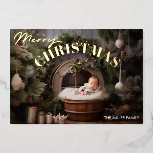 Babys First Christmas Modern Typography 1 Photo Foil Holiday Card