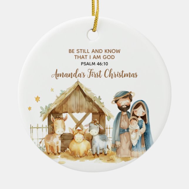 Baby's First Christmas Nativity Animal Bible Verse Ceramic Ornament (Front)