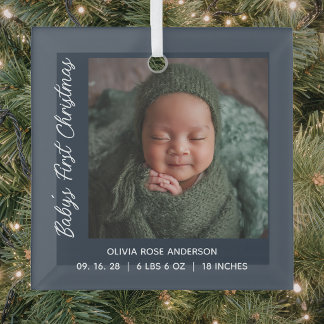 Babys First Christmas Navy Blue Photo Glass Ornament