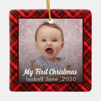 Baby's First Christmas Newborn Photo red plaid Ceramic Ornament