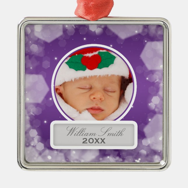 Baby's First Christmas Night Sparkle Purple Metal Ornament (Front)