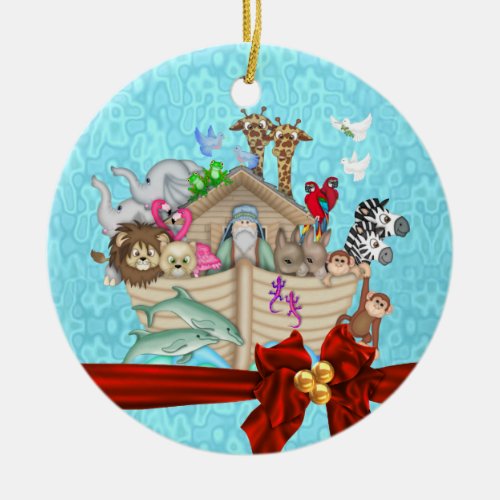 BABYS FIRST CHRISTMAS  NOAHS ARK ORNAMENT red bow