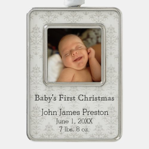 Babys First Christmas on Silver Damask Ornament