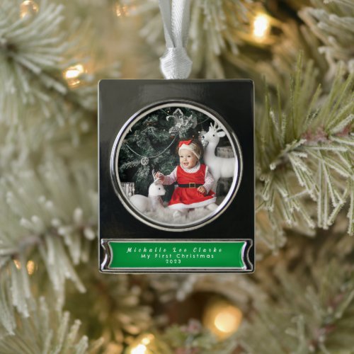 Babys First Christmas Ornament Custom Name  Silver Plated Banner Ornament