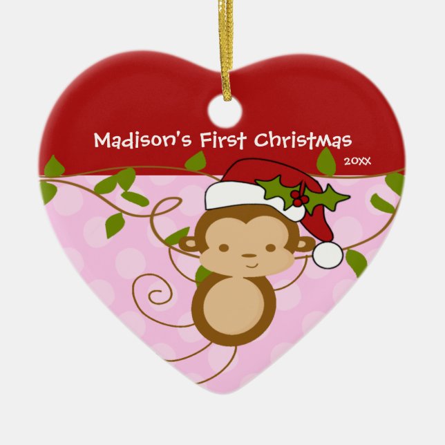 Baby's First Christmas Ornament Girl Santa Monkey (Front)
