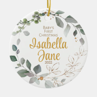 Baby's First Christmas Ornament, Gold & Green Ceramic Ornament