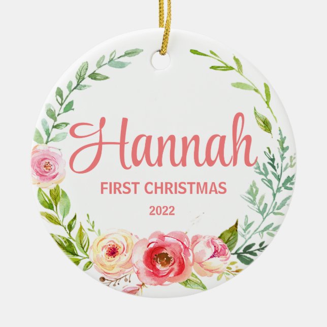 Baby's First Christmas Ornament Pink Floral Wreath (Front)