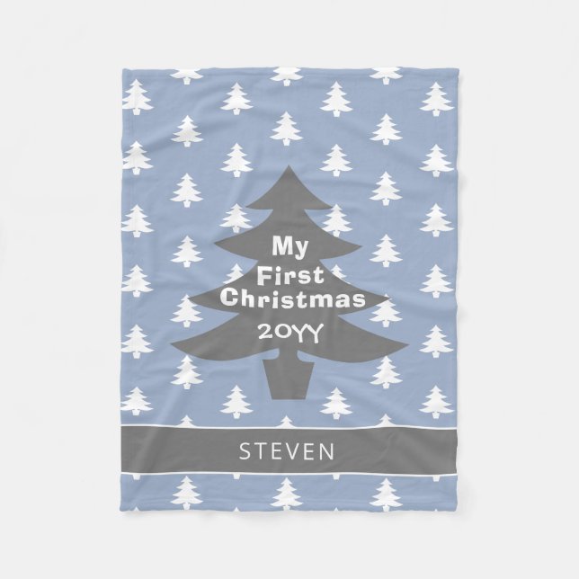 Babys First Christmas Pastel Blue Personalized Fleece Blanket (Front)