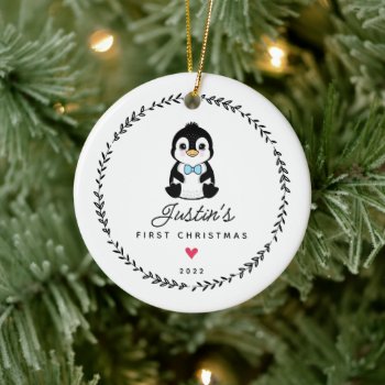 Baby's First Christmas Penguin 2 Sided Photo Ceramic Ornament by celebrateitornaments at Zazzle