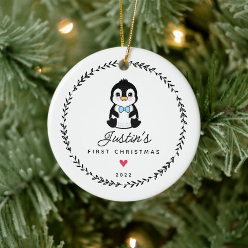Babys First Christmas Penguin 2 Sided Photo Ceramic Ornament