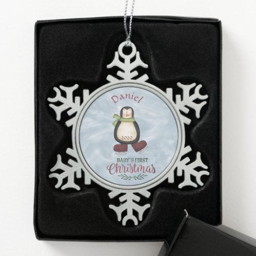 Baby's First Christmas Penguin  Snowflake Pewter Christmas Ornament