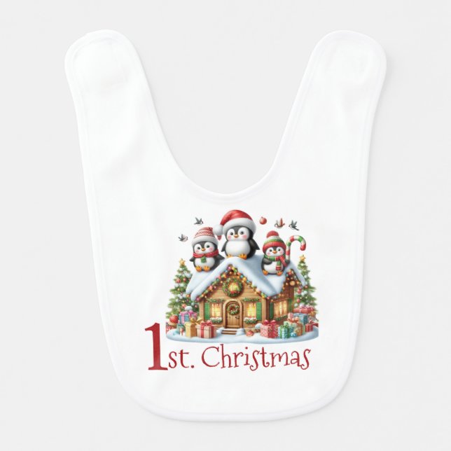 Baby's First Christmas Penguins Candy House Baby Bib (Front)
