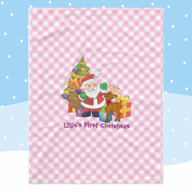 Baby's First Christmas Personalize Name Pink Fleece Blanket (Creator Uploaded)