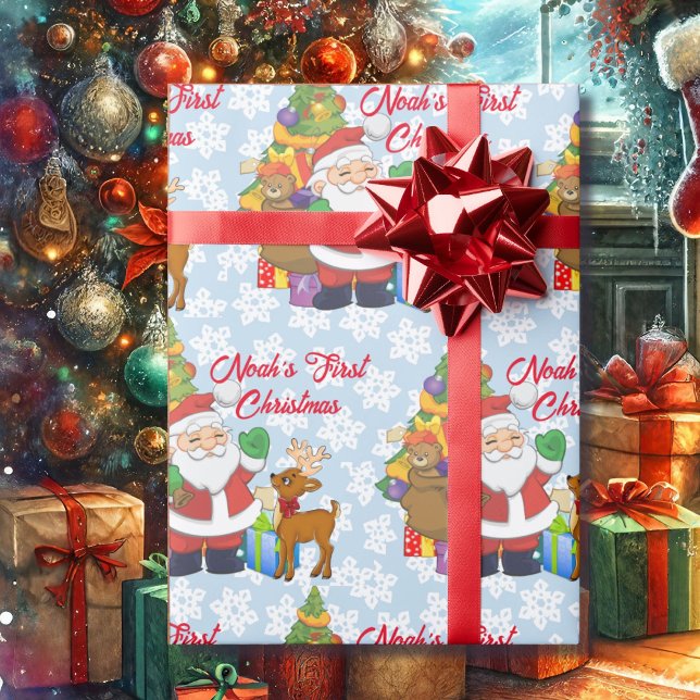 Baby's First Christmas  Personalize Name Santa Wrapping Paper (Creator Uploaded)