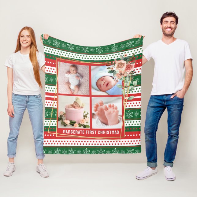 Baby's First Christmas Personalized 4 Photo  Fleece Blanket (In Situ)