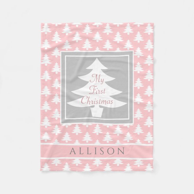 Baby's First Christmas Personalized Blush Pink Fleece Blanket (Front)
