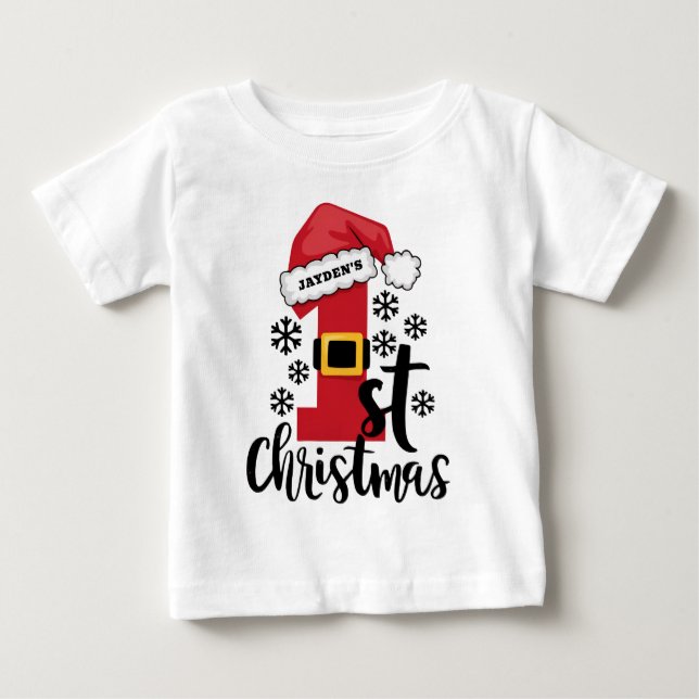 Baby's First Christmas Personalized Name Santa Hat Baby T-Shirt (Front)
