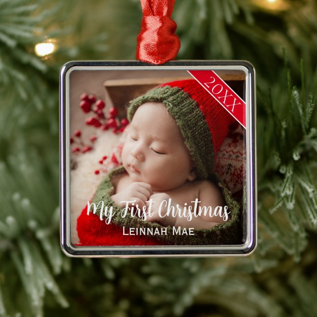 Baby's First Christmas Personalized Photo Keepsake Metal Ornament (Tree)