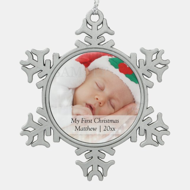 Babys First Christmas Personalized Photo Template Snowflake Pewter Christmas Ornament (Front)