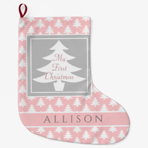 Baby's First Christmas Personalized Pink White Large Christmas Stocking