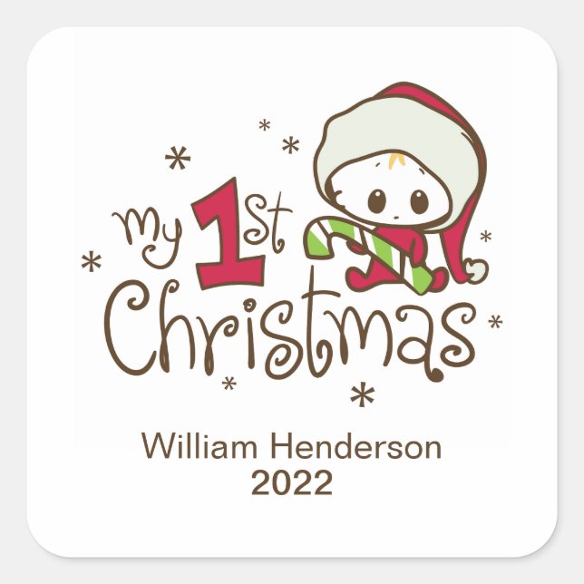 Baby's First Christmas Personalized Square Sticker (Front)