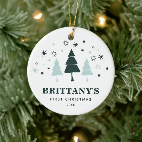 Babys First Christmas Personalized Winter Forest Ceramic Ornament