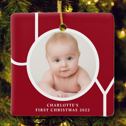 Babys First Christmas Personilized Red Photo Ceramic Ornament
